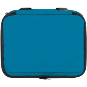 A blue cooler bag with a zip closure, featuring black accents and handles. It has a logo on the front.
