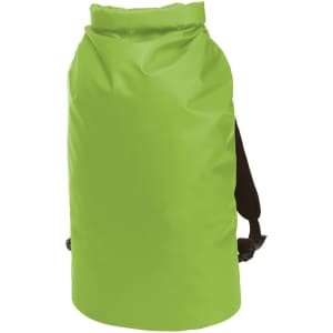 A bright green waterproof backpack with adjustable black shoulder straps and a roll-top closure.