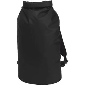 A black waterproof backpack with adjustable straps and a roll-top closure. It features a logo.