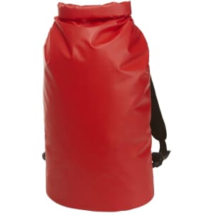 A red waterproof backpack with adjustable black shoulder straps and a roll-top closure. It has a logo.