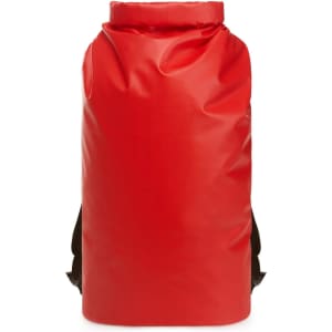 A bright red waterproof backpack with black straps and a roll-top design. It features a branding logo.