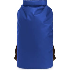 A blue backpack with a drawstring closure and brown straps, featuring a logo on the side.