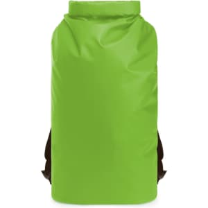 A vibrant green waterproof backpack with brown straps and a roll-top closure. It features a logo.