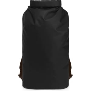 A black backpack with a roll-top closure and brown straps. It features a logo on the front.