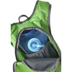 A green backpack with a blue drink bottle visible inside the main compartment. It has a logo on the exterior.