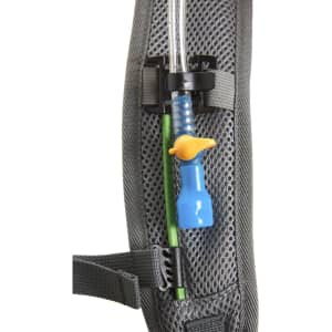 A drink tube with a blue nozzle and green straw attached to a grey backpack. The bag features a logo.