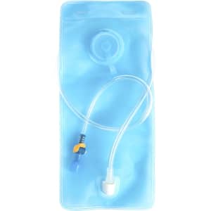 A blue drink bladder with a tube and bite valve, suitable for hydration packs. It features a logo.