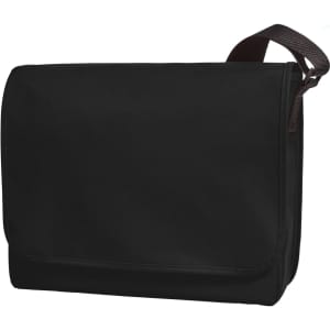 A black satchel bag with a flap closure and a brown shoulder strap, featuring a logo on the front.
