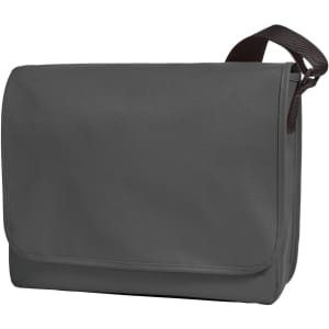 A grey shoulder bag with a flap and adjustable strap, featuring a logo on the front.