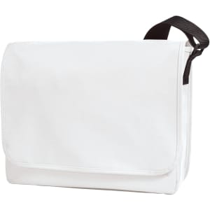 A white satchel bag with a black shoulder strap and a flap closure, featuring a logo on the front.