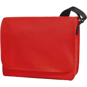 A red Kurier Shoulder Bag with a flap and a shoulder strap, featuring a logo on the front.