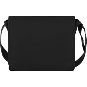A black Kurier Shoulder Bag with a flat design and adjustable strap, featuring a branding logo.