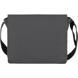 A grey satchel-style shoulder bag with a black adjustable strap and a simple design. It features a logo.