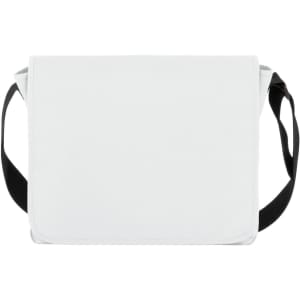 A white Kurier shoulder bag with a black adjustable strap and a flap closure, featuring a logo.