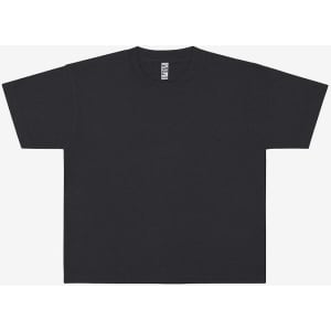 A black wide tee with a relaxed fit and short sleeves, featuring a label inside the collar.