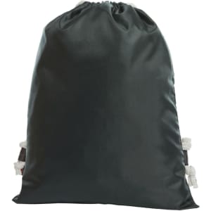 A black drawstring bag with a smooth finish and grey drawstrings, featuring a small logo.