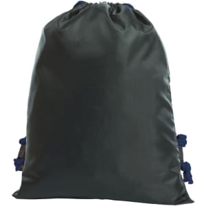 A grey drawstring bag with blue toggles and a logo on one side.