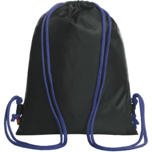 A black drawstring bag with blue cords and a small logo. Ideal for carrying lightweight items.