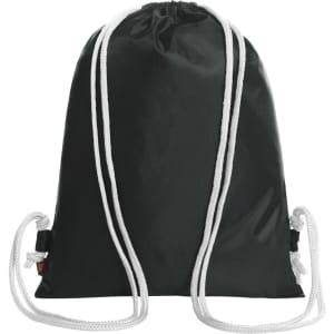 A black drawstring bag with white cords, featuring a logo. Simple design suitable for various uses.