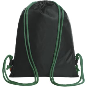 A black drawstring bag with green cords and a logo. Simple design for convenient carry.