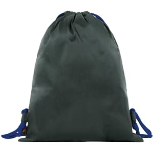 A drawstring bag in dark green with blue straps, featuring a logo on the front.