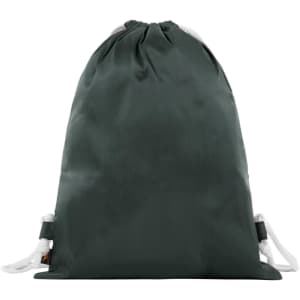A green drawstring bag with white cords and a logo. The bag has a smooth, shiny surface.