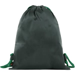 A dark green drawstring bag with matching drawstrings and an attached logo.