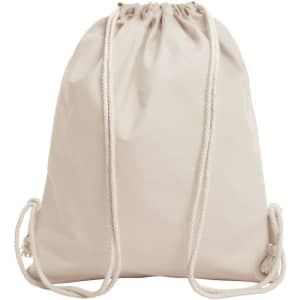 A beige organic drawstring bag with white drawstrings and a simple design. It features a logo.