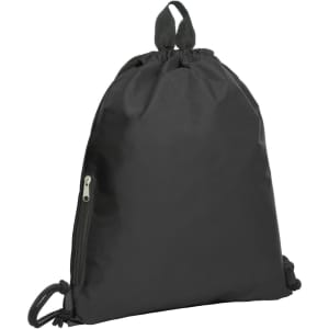 A black drawstring bag with a zippered pocket and a pull string closure, featuring a logo.