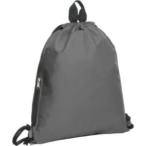 A grey drawstring bag featuring a cinch closure and a zippered pocket on the side, along with a logo.