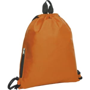 An orange drawstring bag with a black zip pocket and adjustable cord straps. It features a branding logo.