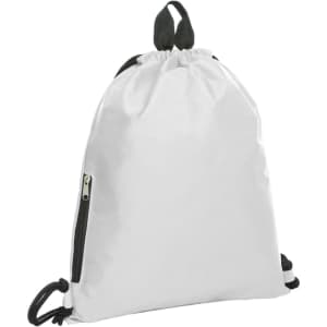 A white drawstring bag with a black zipper and black drawcords, featuring a logo.