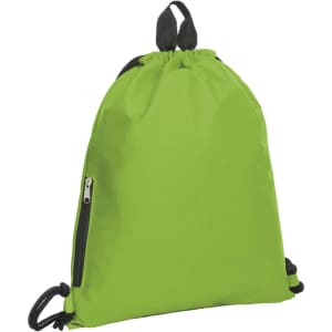 A lime green drawstring bag with a black zipper and drawstrings, featuring a logo.