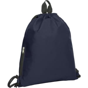 A navy blue drawstring bag with adjustable cords and a zippered pocket. It features a branding logo.