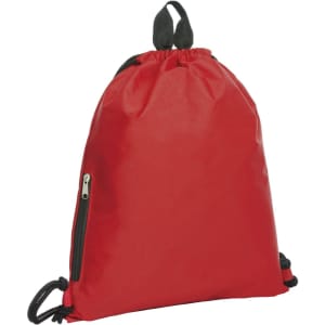 A red drawstring bag with a black zippered pocket and black drawstrings, featuring a logo.