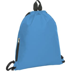 A blue drawstring bag featuring a zippered pocket and a logo on the front. It has black drawstrings and a top handle.