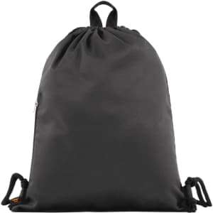 A black drawstring bag features a simple design with a logo and adjustable drawstrings.