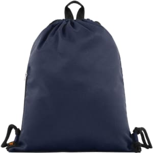 A navy drawstring bag with a cinched top and black cord drawstrings, featuring a small zipper pocket.