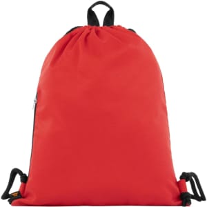 A red drawstring bag with black accents and a logo, featuring adjustable drawstrings for closure.