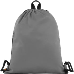 A grey drawstring bag with a top loop and adjustable drawstrings. It features a small zippered pocket.