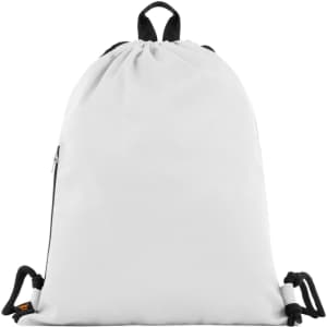 A white drawstring bag with black accents and a logo, featuring adjustable cords for closure.