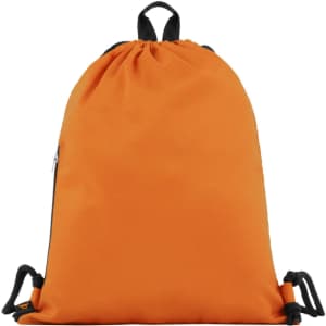 An orange drawstring bag with black accents and a logo, featuring a cinch closure and side pocket.