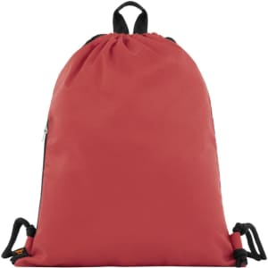 A drawstring bag in a vibrant red colour with black accents and a logo. Features a cinch closure and adjustable cords.