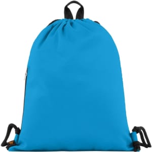 A drawstring bag in bright blue with black accents and a logo on the front.