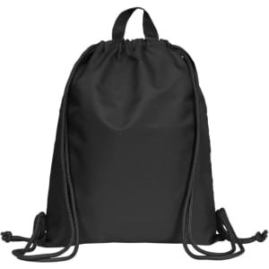 A black drawstring bag with two drawstrings and a top handle, featuring a logo.