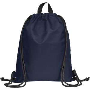 A navy drawstring bag with black cords and a simple design featuring a small logo.