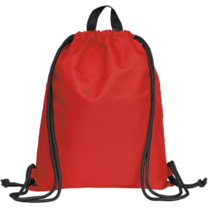 A red drawstring bag with black cords and a rounded top. It has a logo and a simple design.
