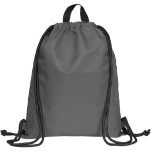 A grey drawstring bag with black cords and a simple design. It features a logo on one side.