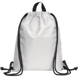 A white drawstring bag with black cords and a top handle, featuring a logo on one side.