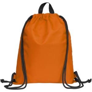 An orange drawstring bag with black cords, featuring a logo on the front.